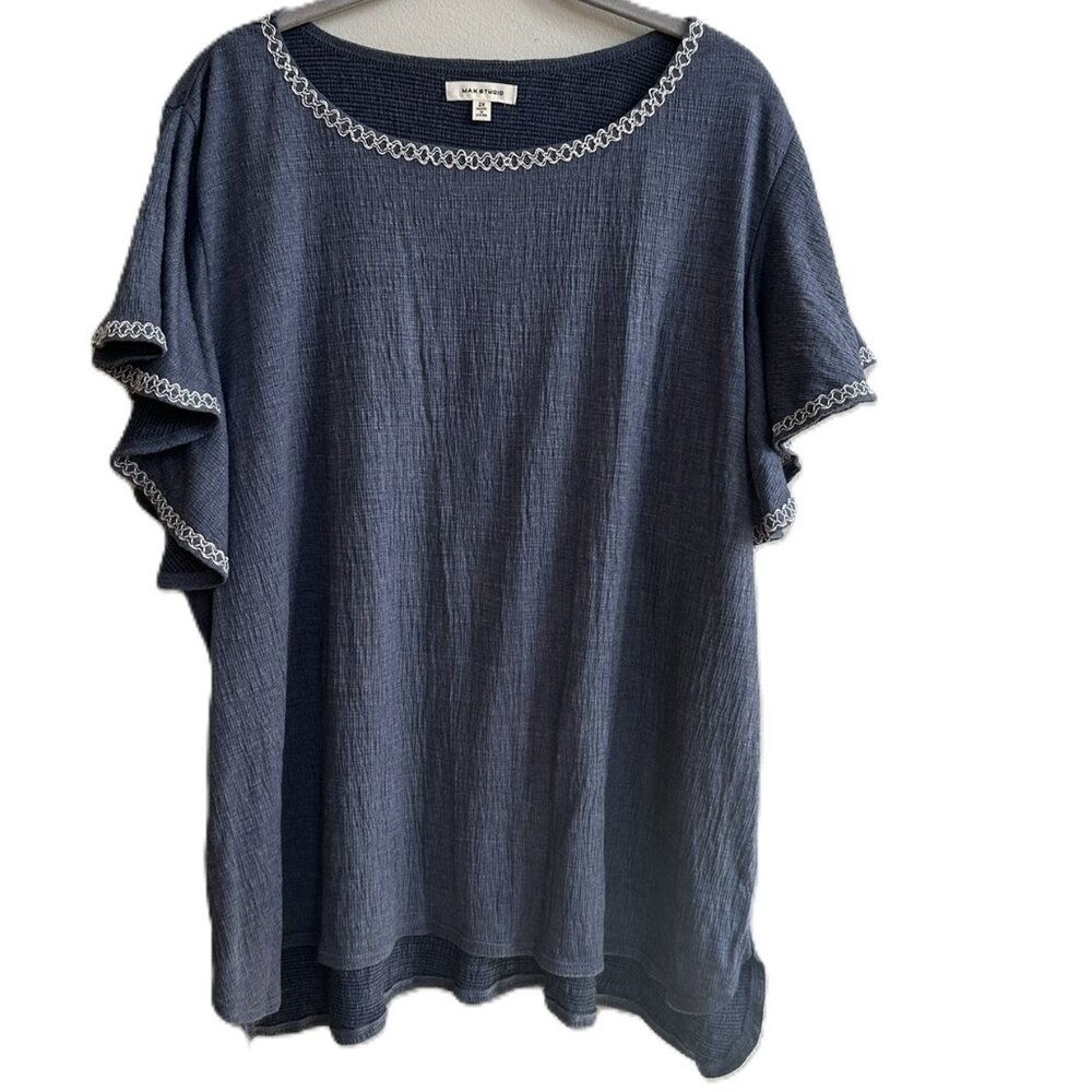 Max Studio Tunic Top 2X Blue Short Flutter Sleeve Embroidery Stitch